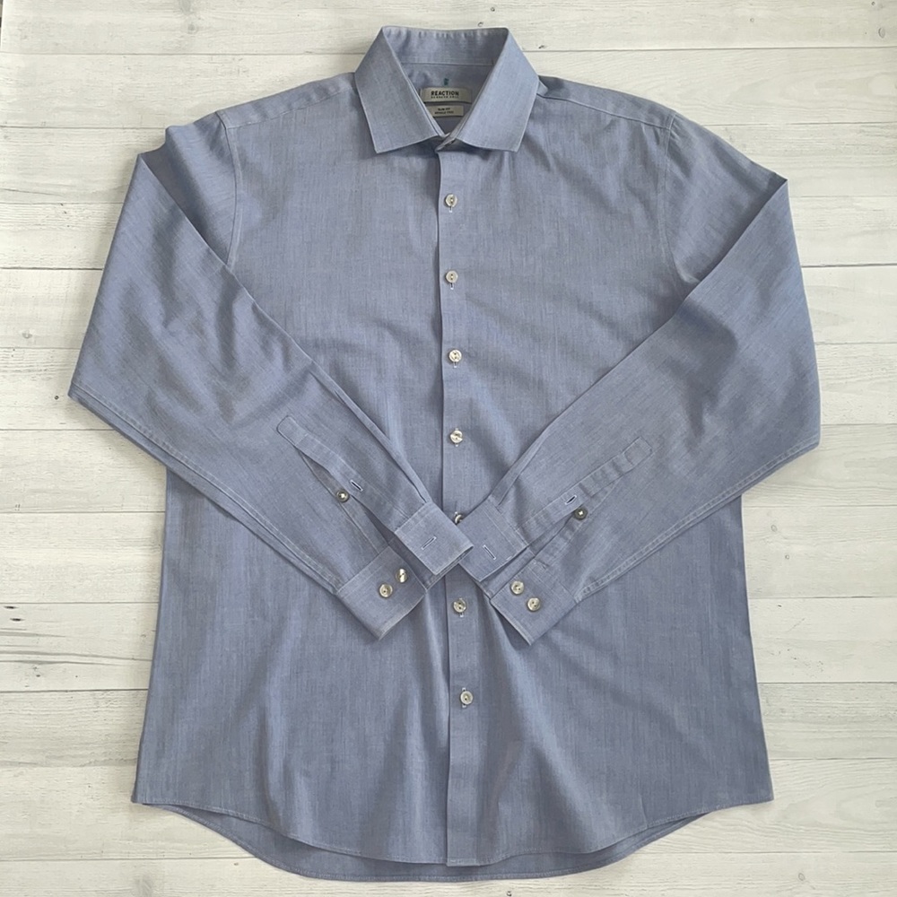 Reaction Kenneth Cole Blue Slim Fit Wrinkle Free Dress Shirt Size 16 34/35 L